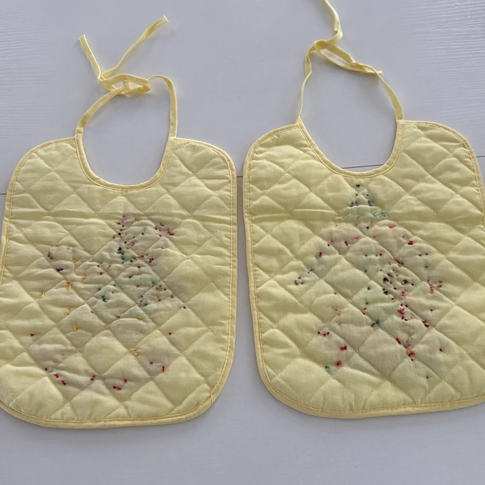Vintage Cross Stitch Bid Bear Rocking Horse Sailboat Handmade 70s Yellow Quilted
